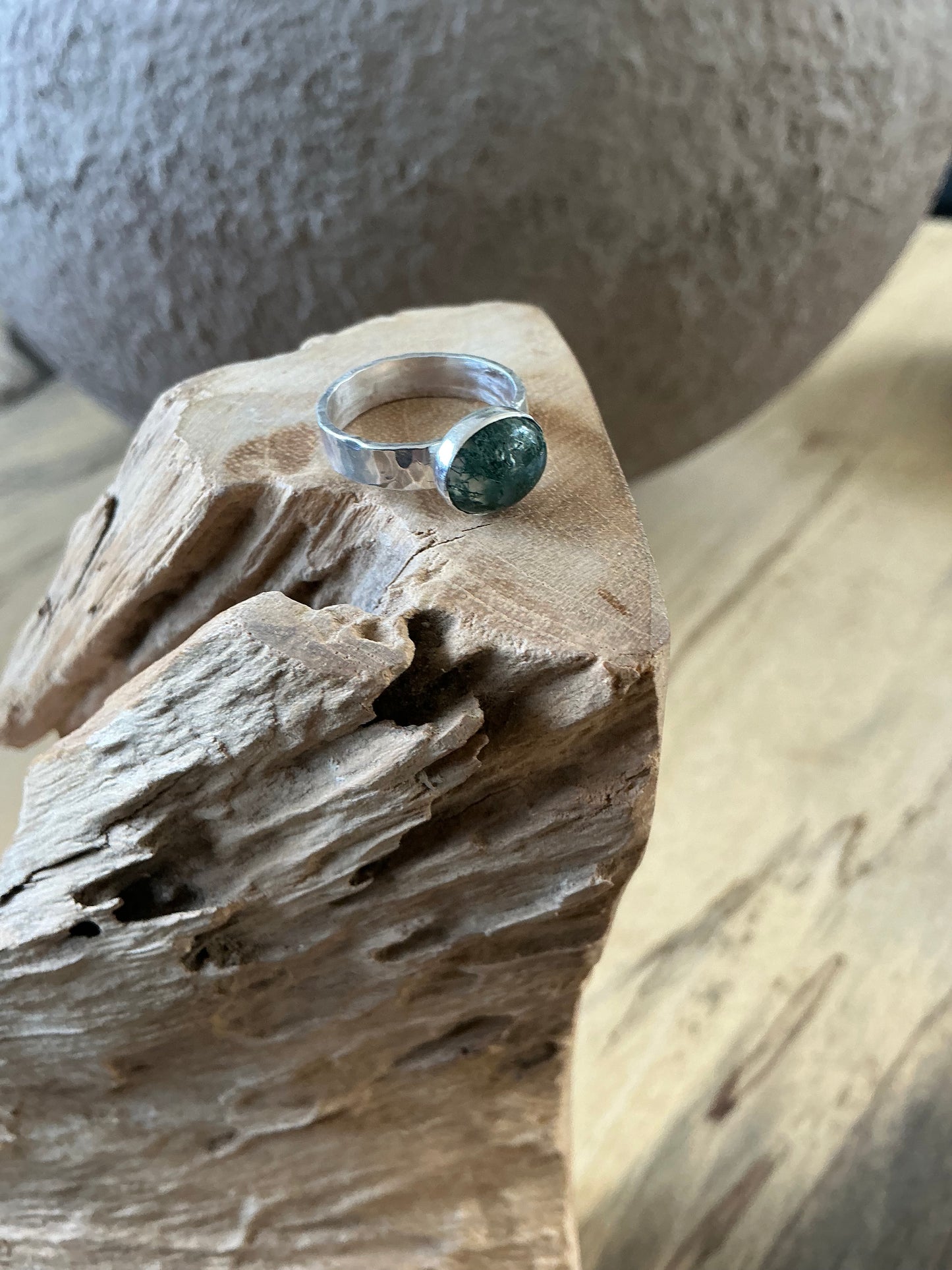 Moss agate and silver ring