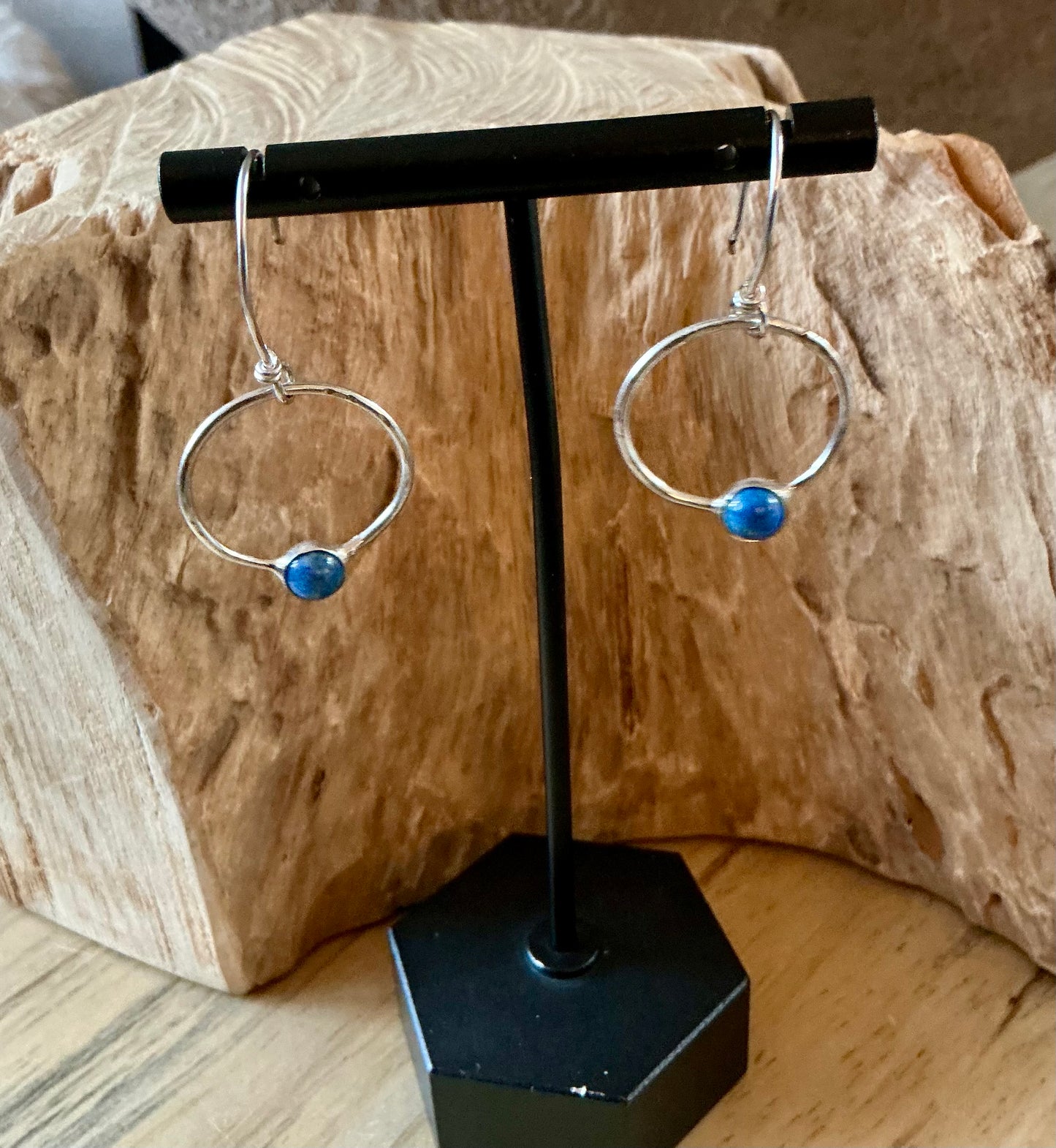 Floating denim lapis lazuli silver hoops