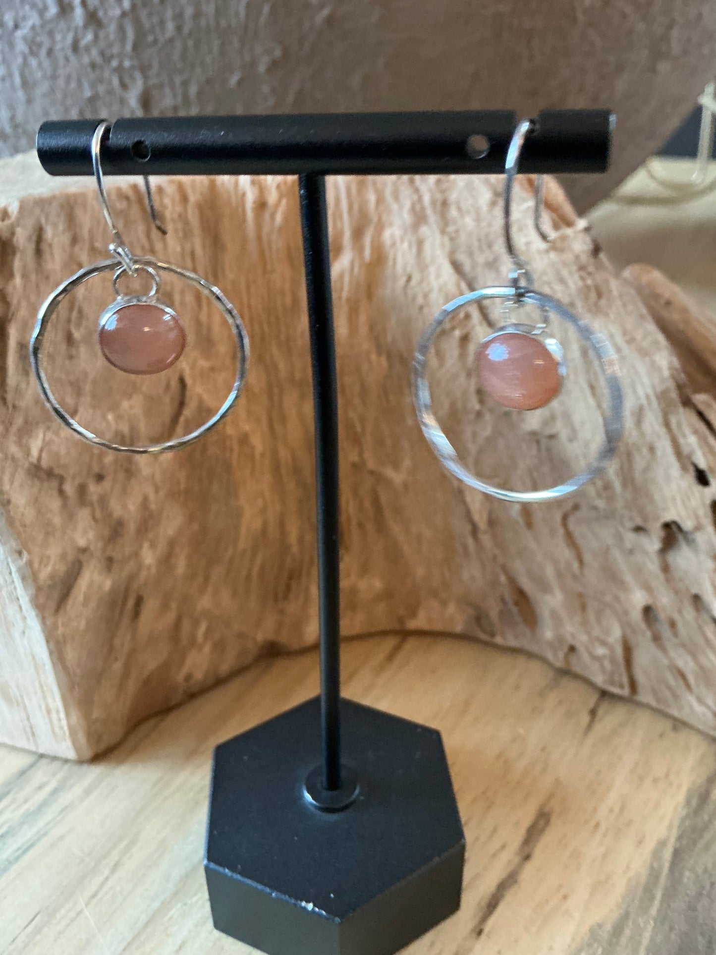 Peach moonstone and silver hoops