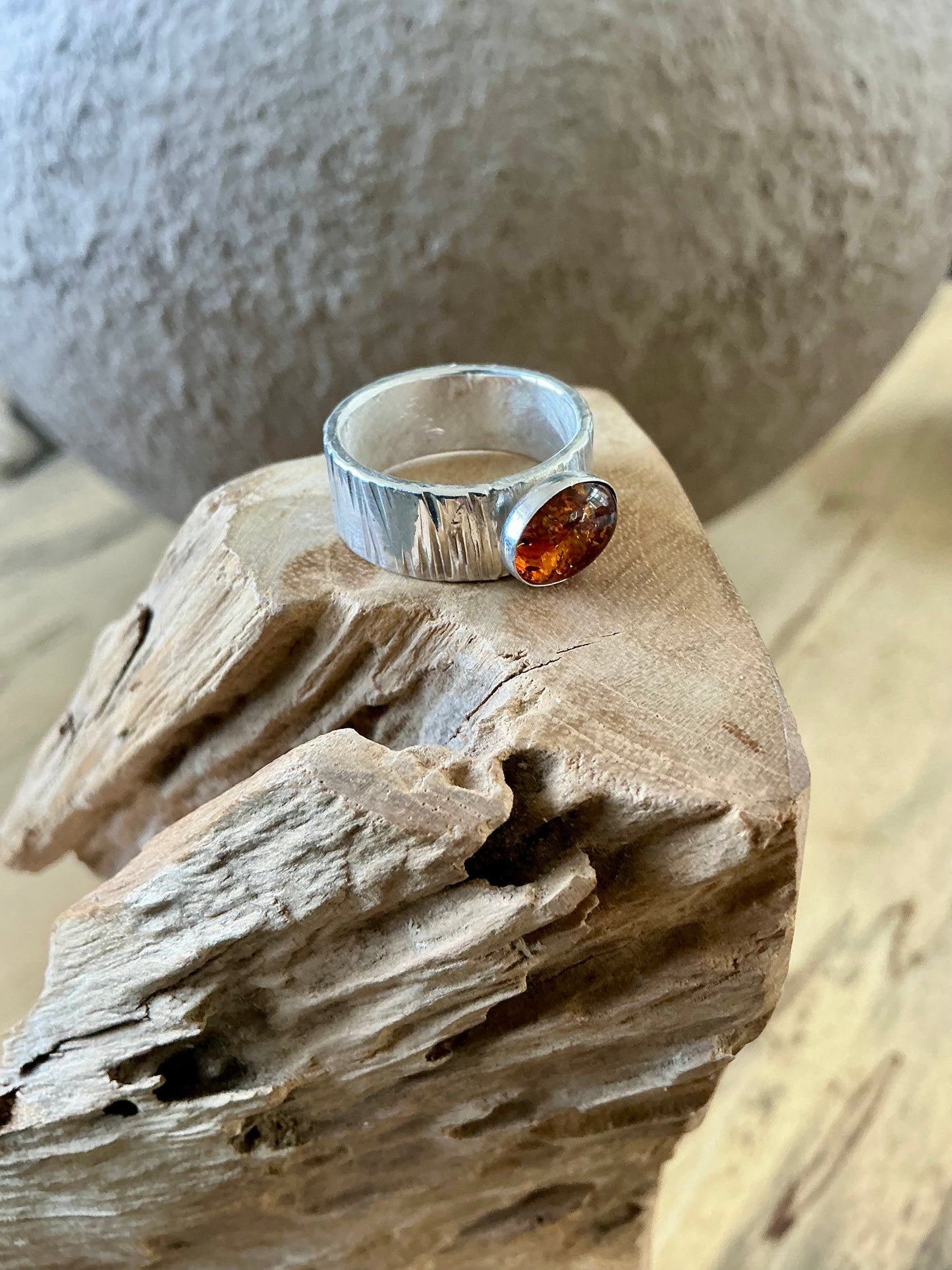 Amber silver ring