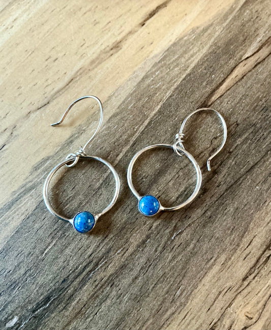 Floating denim lapis lazuli silver hoops