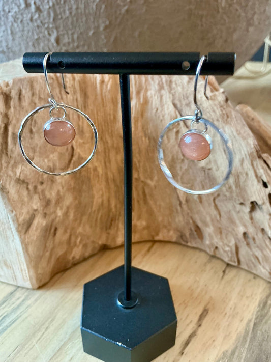 Peach moonstone and silver hoops