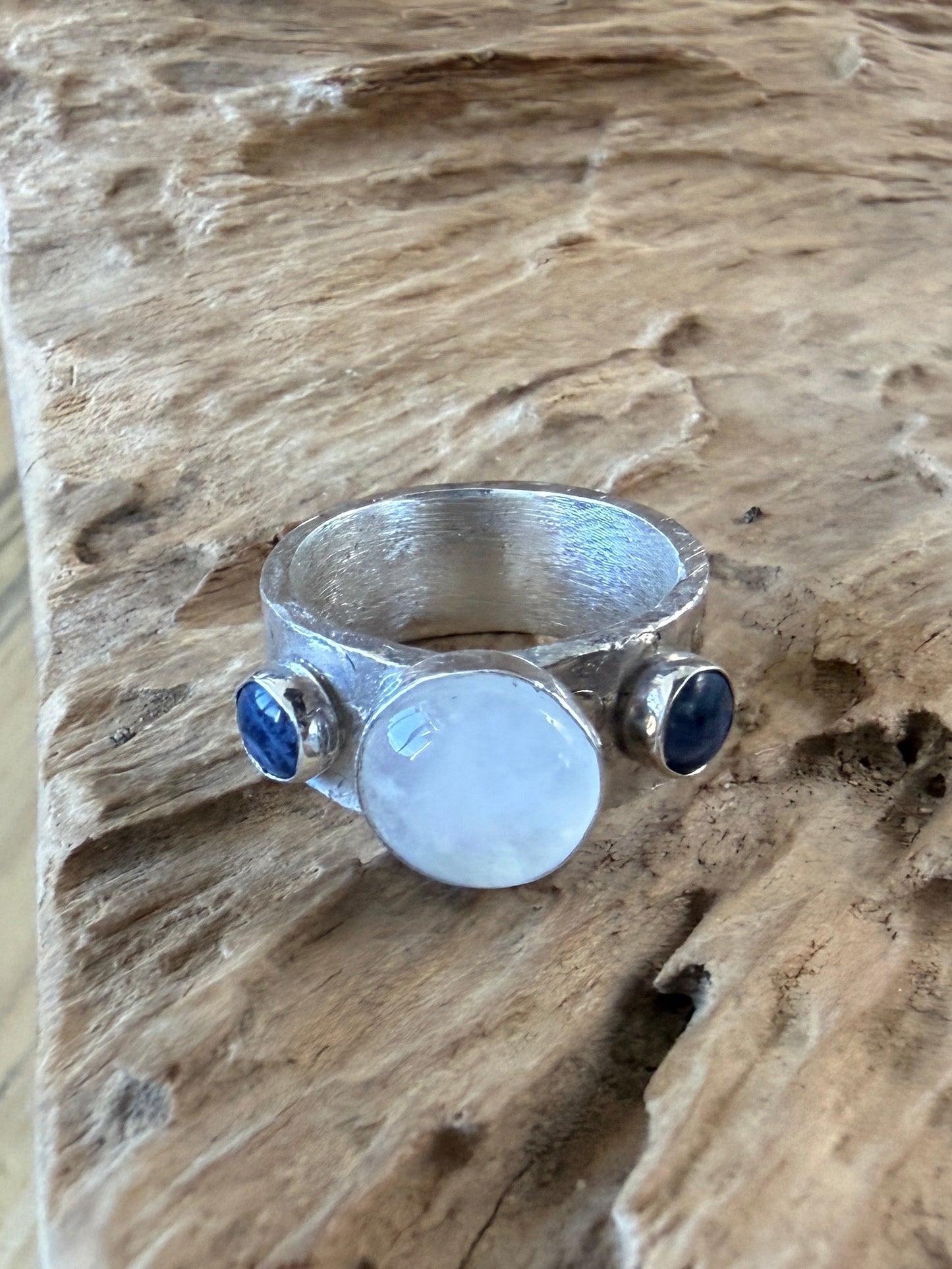 Moonstone and Lapis thick band ring